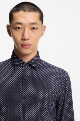 Printed slim-fit shirt in stretch jersey, Dark Blue