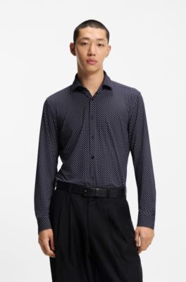 Printed slim-fit shirt in stretch jersey, Dark Blue