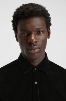 Slim-fit shirt in stretch velvet, Black