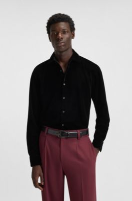 Slim-fit shirt in stretch velvet, Black