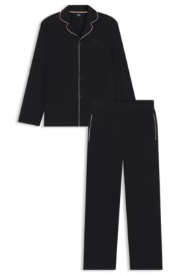 Melange pyjama set with signature-stripe piping, Black
