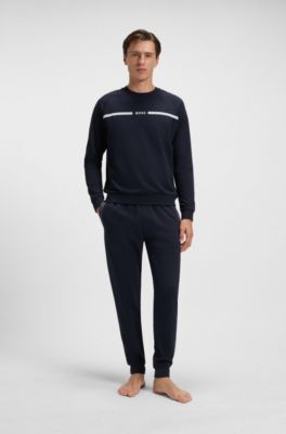 Sudadera de felpa de algod&oacute;n con raya distintiva y logo, Azul oscuro