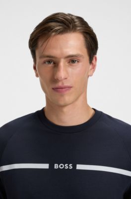 Sweat en molleton de coton &agrave; rayures et logo, Bleu fonc&eacute;