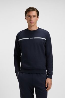 Cotton-terry sweatshirt with logo and stripe, Dark Blue