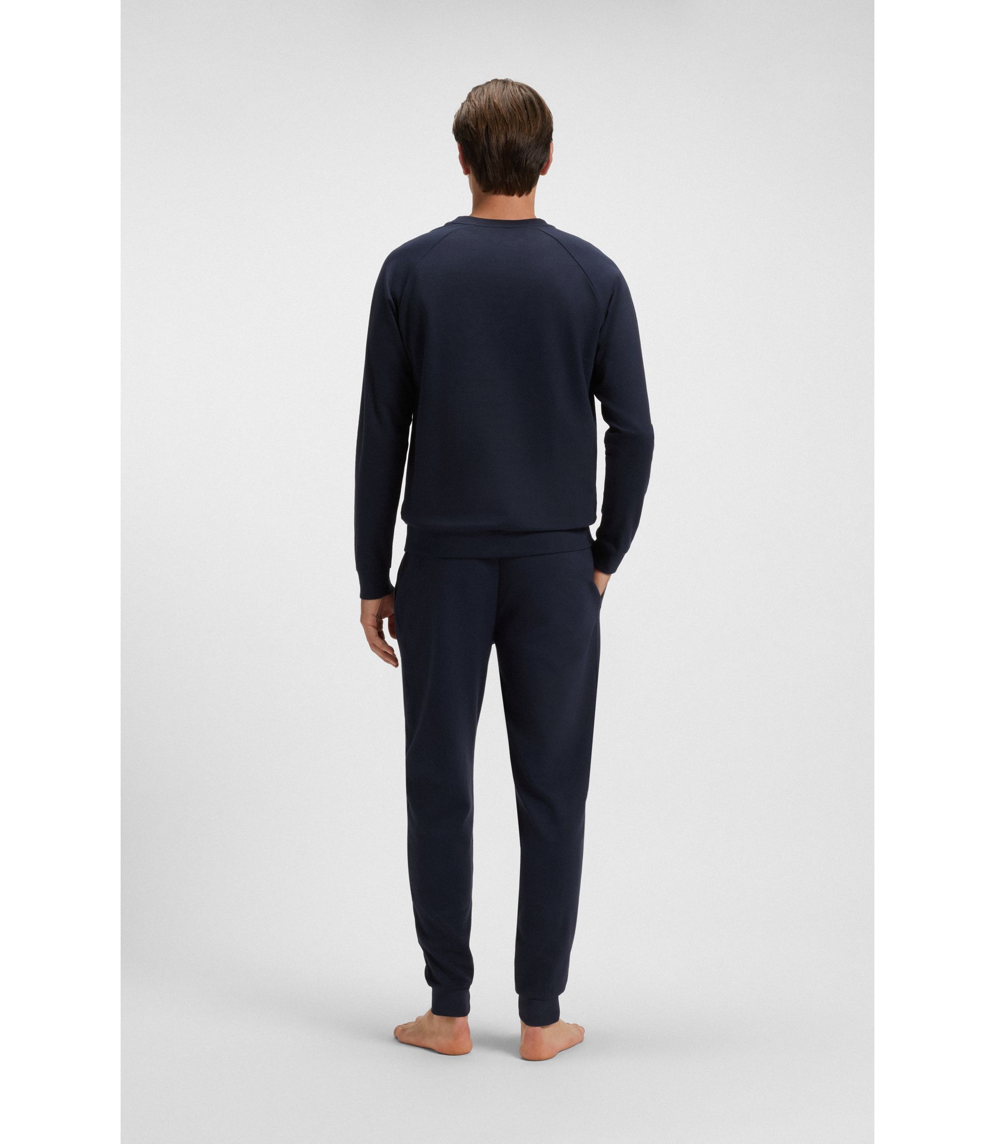 BOSS - Cotton-terry sweatshirt with logo and stripe - Dark Blue