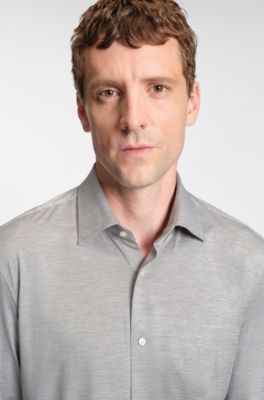 Slim-fit shirt in brushed performance-stretch flannel, Silver