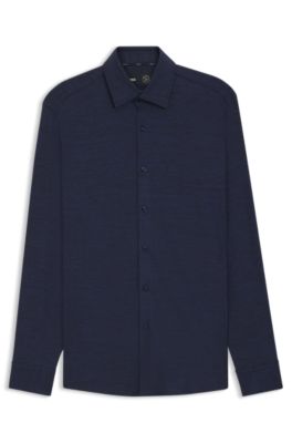 Camisa slim fit de franela el&aacute;stica t&eacute;cnica cepillada, Azul oscuro
