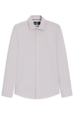 Patterned slim-fit shirt in cotton-blend jersey, Light Beige