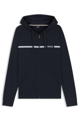 Cotton-terry jacket with stripe and logo, Dark Blue