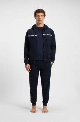 Cotton-terry jacket with stripe and logo, Dark Blue