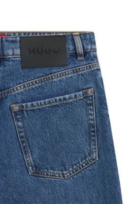 Jean large en denim bleu avec logo revisit&eacute;, Bleu fonc&eacute;