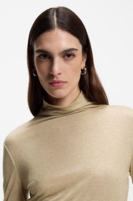 Top de cuello alto en punto suave, Beige claro