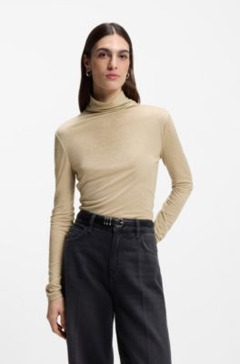 Top de cuello alto en punto suave, Beige claro