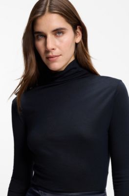 Top de cuello alto en punto suave, Azul oscuro