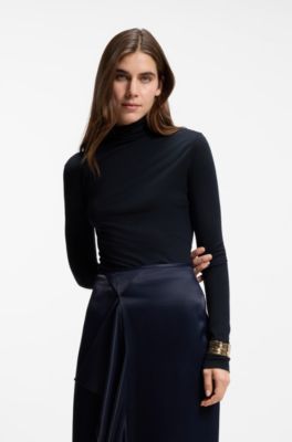 Jersey top with high neckline, Dark Blue