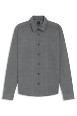 Camisa slim fit en tejido flexible estampado, Negro