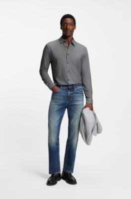 Printed slim-fit shirt in flex-weave fabric, Black