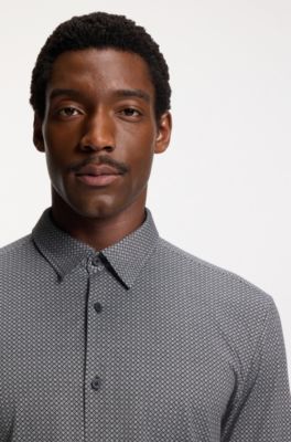 Camisa slim fit en tejido flexible estampado, Negro