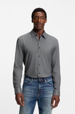 Camisa slim fit en tejido flexible estampado, Negro