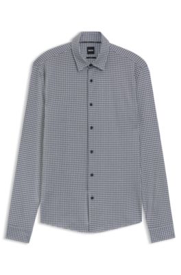 Camisa slim fit en tejido flexible estampado, Azul oscuro