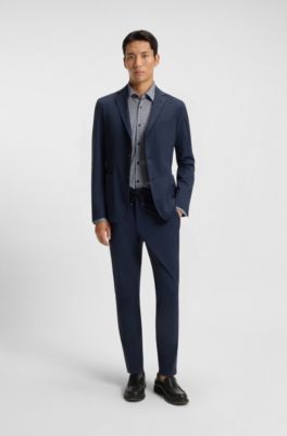 Camisa slim fit en tejido flexible estampado, Azul oscuro