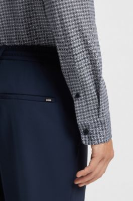 Printed slim-fit shirt in flex-weave fabric, Dark Blue