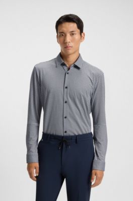 Camisa slim fit en tejido flexible estampado, Azul oscuro