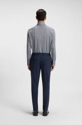 Camisa slim fit en tejido flexible estampado, Azul oscuro