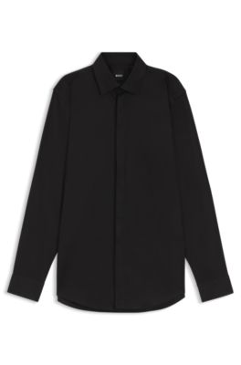 Chemise Slim en popeline de coton facile &agrave; repasser, Noir