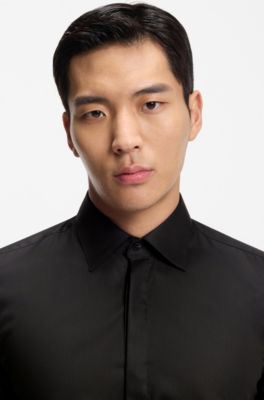 Easy-iron slim-fit shirt in cotton poplin, Black