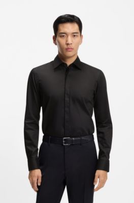 Camisa slim fit en popel&iacute;n de algod&oacute;n de planchado f&aacute;cil, Negro