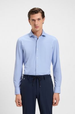 Slim-fit shirt in structured performance-stretch jersey, Blue