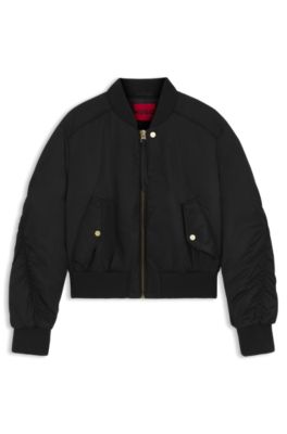 Ruched-detail bomber jacket with water-repellent finish, Black