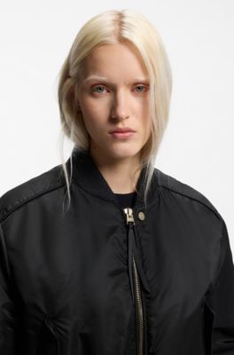 Ruched-detail bomber jacket with water-repellent finish, Black