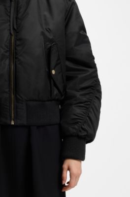 Ruched-detail bomber jacket with water-repellent finish, Black