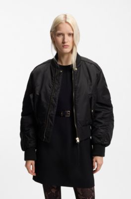 Ruched-detail bomber jacket with water-repellent finish, Black