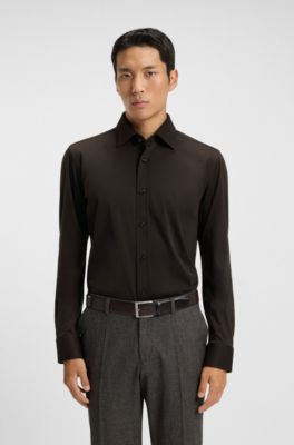 Slim-fit shirt in mercerised cotton, Dark Brown