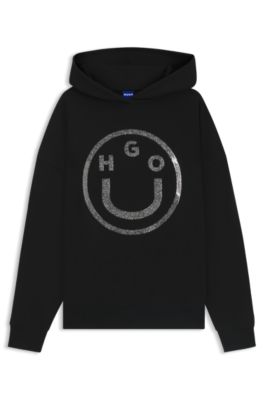 Sudadera de felpa de algod&oacute;n con capucha y logo Happy HUGO brillante, Negro