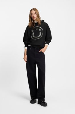 Sudadera de felpa de algod&oacute;n con capucha y logo Happy HUGO brillante, Negro