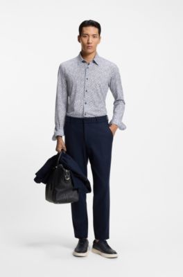 Printed slim-fit shirt in a cotton blend, Dark Blue