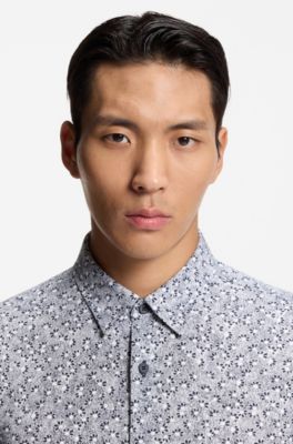 Printed slim-fit shirt in a cotton blend, Dark Blue