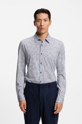 Printed slim-fit shirt in a cotton blend, Dark Blue