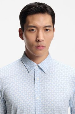 Printed slim-fit shirt in a cotton blend, Light Blue