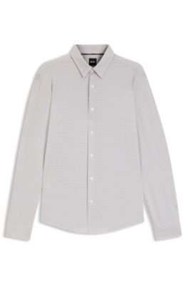 Camisa slim fit en punto t&eacute;cnico el&aacute;stico estampado hecho en Italia, Marr&oacute;n claro