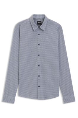 Camisa slim fit en punto t&eacute;cnico el&aacute;stico estampado hecho en Italia, Azul oscuro