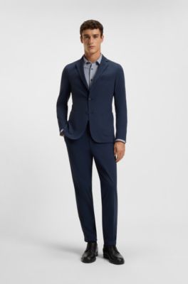 Camisa slim fit en punto t&eacute;cnico el&aacute;stico estampado hecho en Italia, Azul oscuro