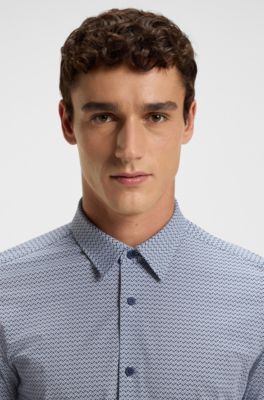 Camisa slim fit en punto t&eacute;cnico el&aacute;stico estampado hecho en Italia, Azul oscuro