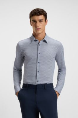 Camisa slim fit en punto t&eacute;cnico el&aacute;stico estampado hecho en Italia, Azul oscuro