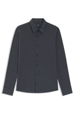 Camisa slim fit en punto t&eacute;cnico el&aacute;stico estampado hecho en Italia, Azul oscuro