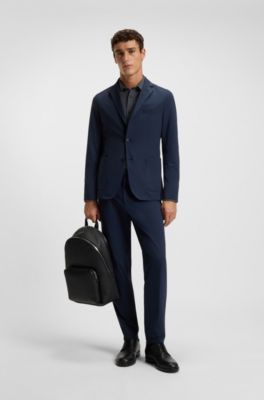 Camisa slim fit en punto t&eacute;cnico el&aacute;stico estampado hecho en Italia, Azul oscuro